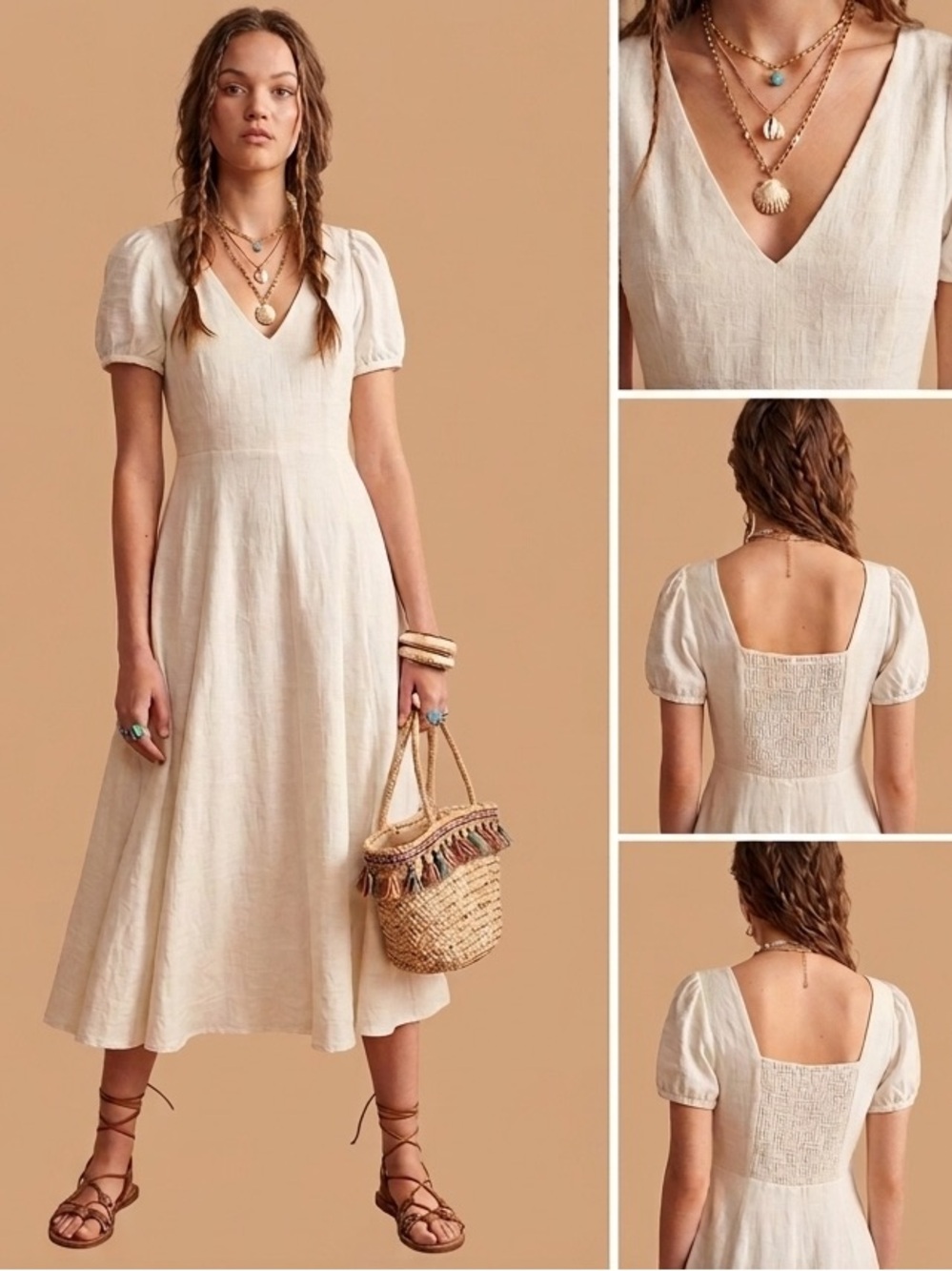 🤍 ZARA Linen Blend Smocked Back V-Neck Fully Lined Midi Maxi Dress